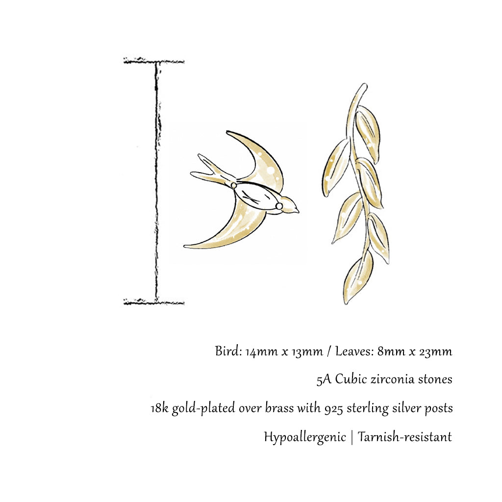 Avani | Gold Bird and Leaf Asymmetrical Stud Earrings