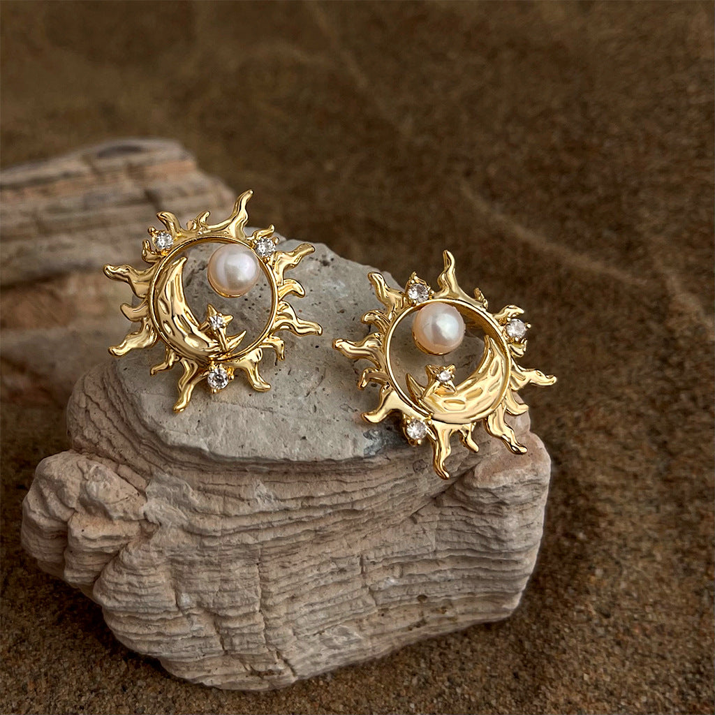 Mzia | Sun and Moon Freshwater Pearl Gold Stud Earrings