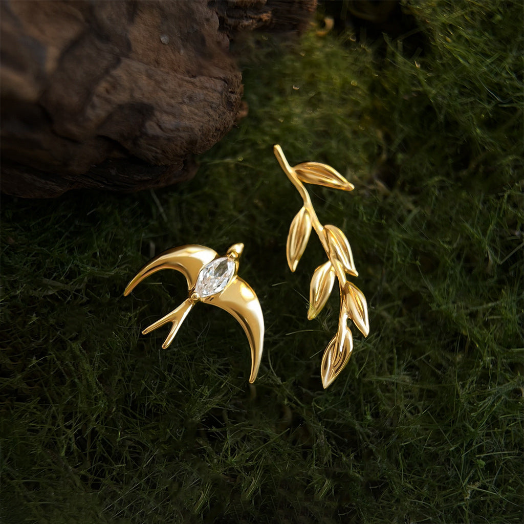 Avani | Gold Bird and Leaf Asymmetrical Stud Earrings
