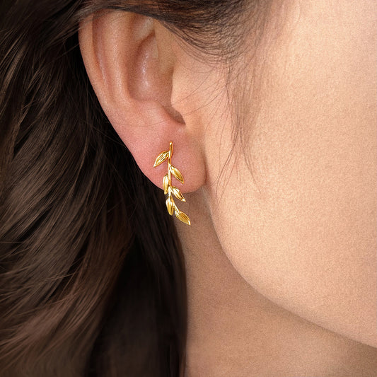 Avani | Gold Bird and Leaf Asymmetrical Stud Earrings