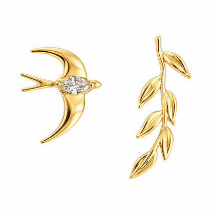 Avani | Gold Bird and Leaf Asymmetrical Stud Earrings