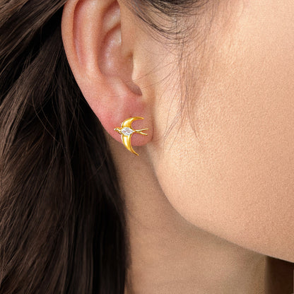 Avani | Gold Bird and Leaf Asymmetrical Stud Earrings