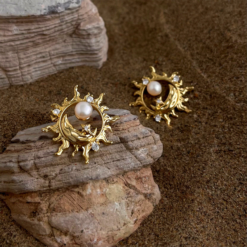 Mzia | Sun and Moon Freshwater Pearl Gold Stud Earrings