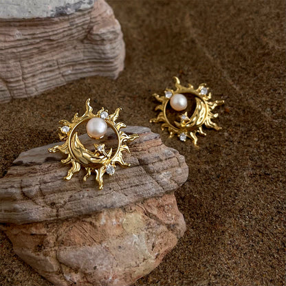 Mzia | Sun and Moon Freshwater Pearl Gold Stud Earrings