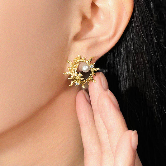 Mzia | Sun and Moon Freshwater Pearl Gold Stud Earrings