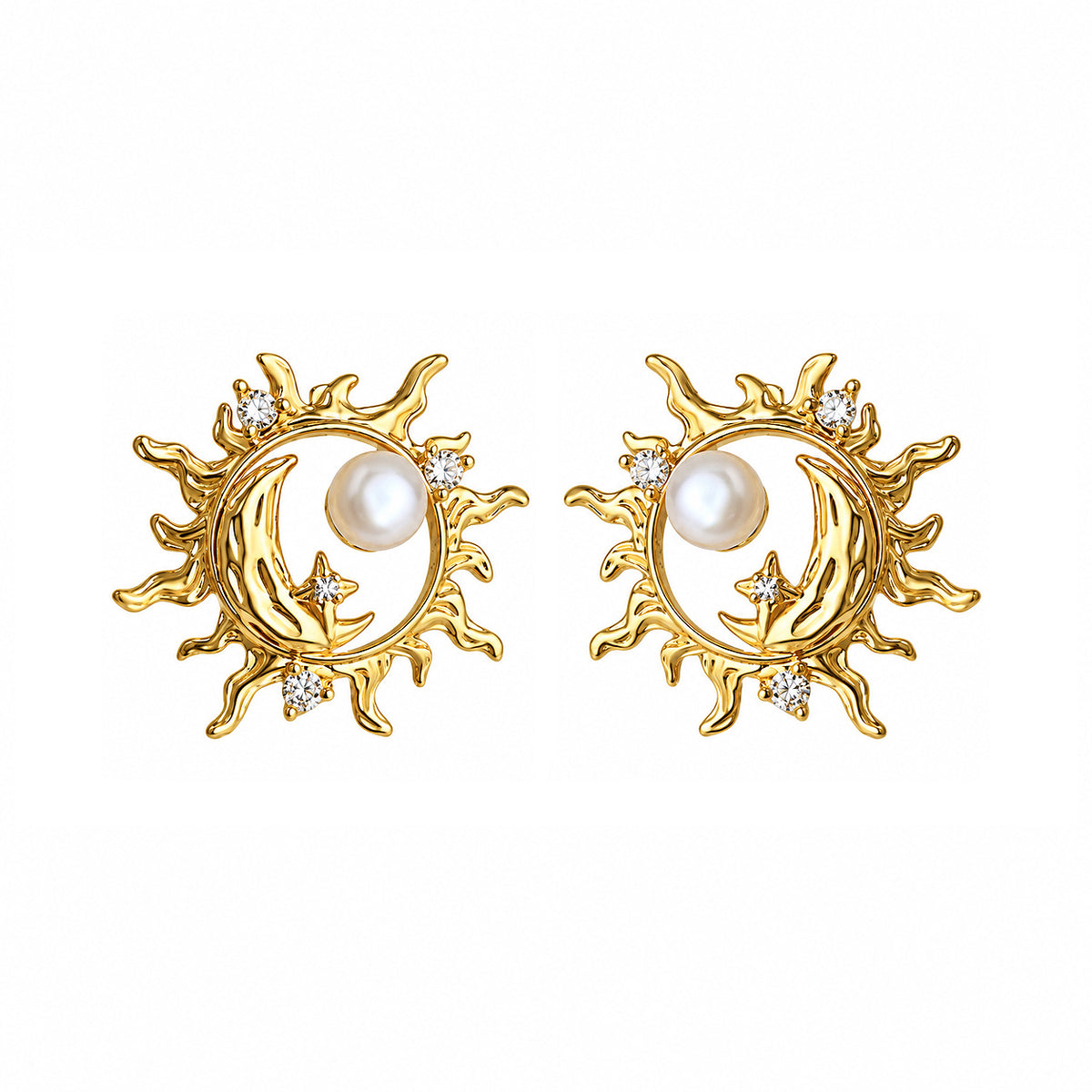 Mzia | Sun and Moon Freshwater Pearl Gold Stud Earrings