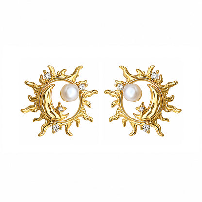 Mzia | Sun and Moon Freshwater Pearl Gold Stud Earrings