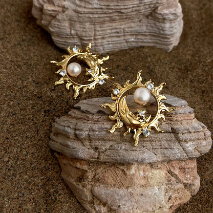 Mzia | Sun and Moon Freshwater Pearl Gold Stud Earrings