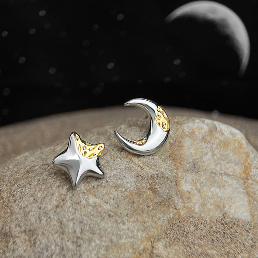 Astra | Star & Moon Two-Tone Mismatched Stud Earrings